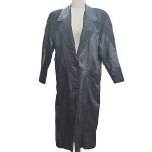 Vintage 1980s Leather Long Black Trench Coat Paisley Goth Cosplay Womens Size L